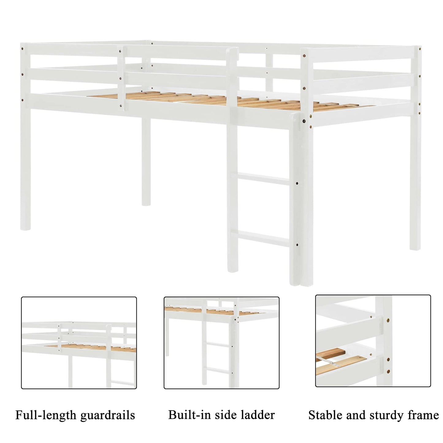 LoLado Twin Low Loft Bed Frame for Kids with Ladders and Guard Rails, Solid Wood Design in White - WoodArtSupply