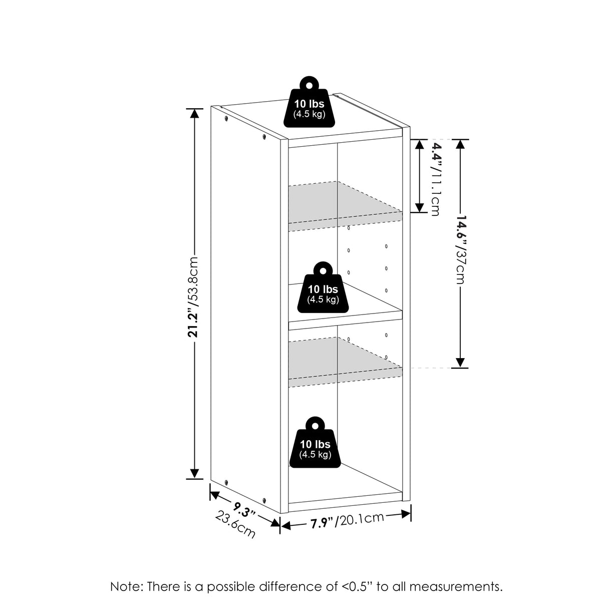 Furinno Fulda Book Shelf, 2-Tier Narrow Bookshelf, Bookcase with 8-in Width Storage Shelf, 9.3 x 7.9 x 21.2, for Living Room, Bedroom, Home Office, White Furinno