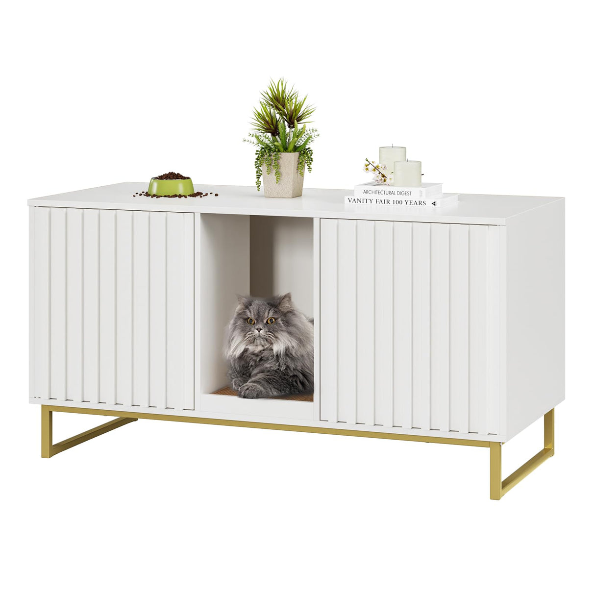 Cat Litter Box Enclosure for 2 Cats, 47.6’’ Litter Box Furniture Hidden with Scratch Pad, Double Room Large Cat Cabinet, Indoor Pet House TV Stand Side Table,Cats Washroom, White Halitaa
