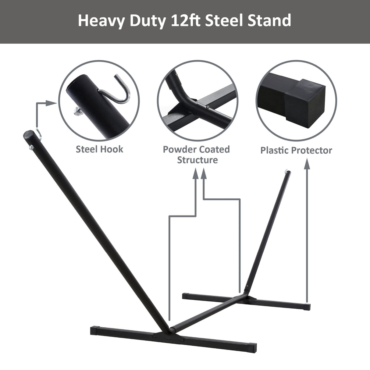 SUNCREAT Double Outdoor Hammock with Stand, Two Person Cotton Rope Hammock with Polyester Pad, Dark Gray SUNCREAT