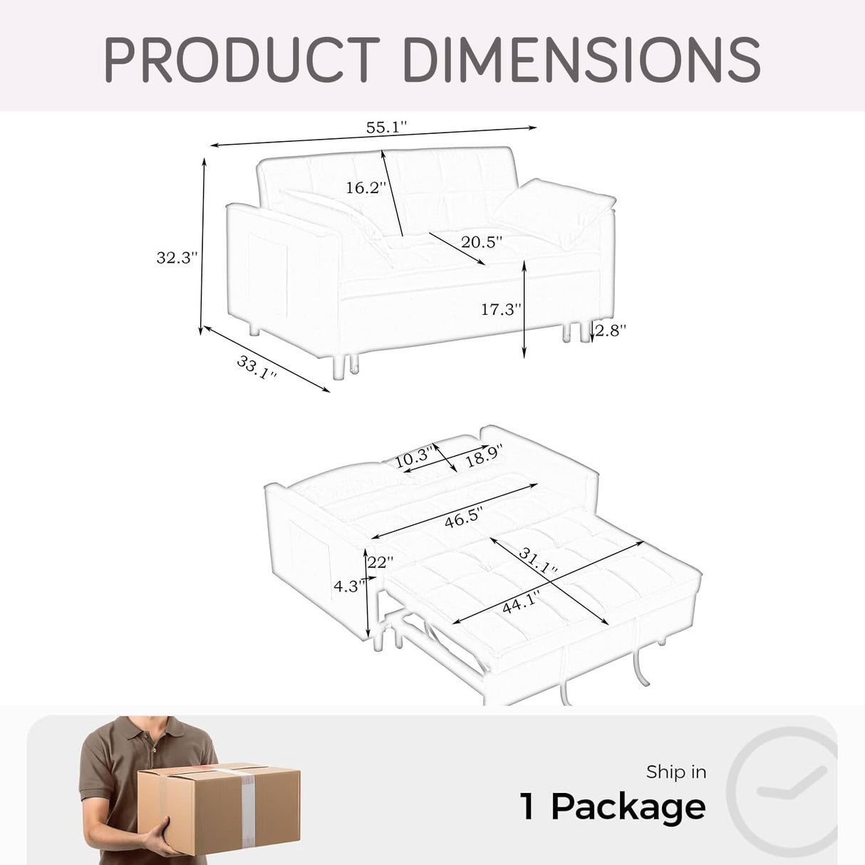 3 In 1 Velvet Convertible Sofa Bed, Pull Out Couch Bed with Reclining Backrest And 2 Pillows, 54" Full Size Loveseat Sleeper Sofa Futon Couch Bed, Couches For Small Spaces, Living Room (White) anwickjeff