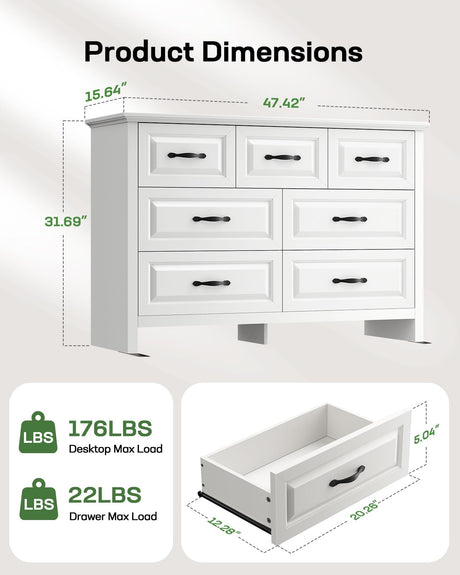 Marsail Farmhouse 7 Drawer Dresser, Wood Chest of Drawers with Natural Texture, Smooth Gliding Drawers, Versatile Storage Organizer Cabinet for Bedroom & Living Room, White Marsail
