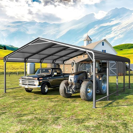 20x20 FT Metal Carport with Updated Roof & Enhanced Base, Heavy Duty Canopy Carport Garage, Vertaile for Car, Truck, Boat, Tractors, Party, Grey Wisteria Lane