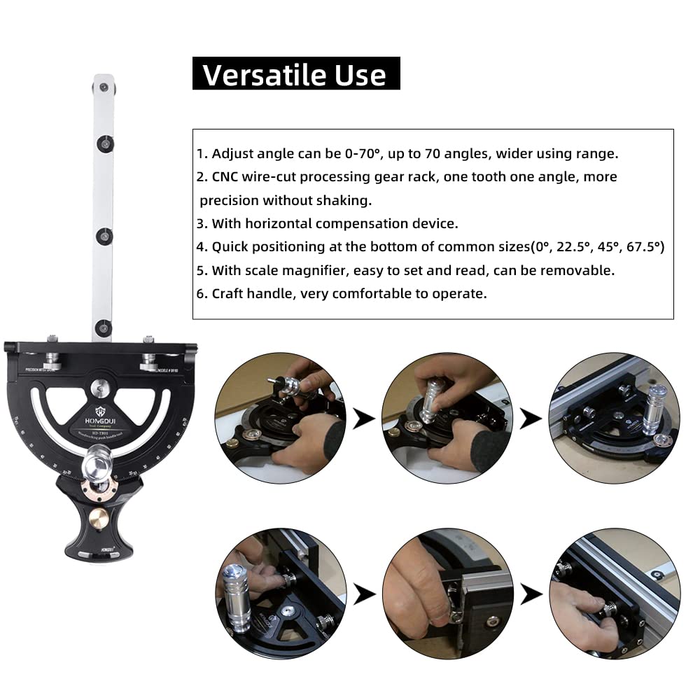 HONGDUI HD-TB01 Precision Miter Gauge 0-70 Degree Woodworking Table Saw Push Handle 70 Angles Assembly Angle Ruler with Quick 0° HONGDUI