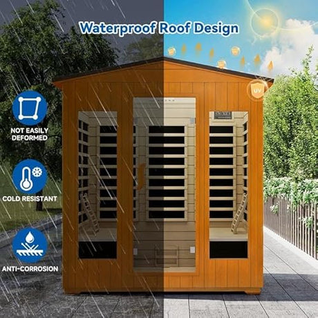 RESTISLAND Outdoor Sauna 4 Person, Far Infrared Sauna for Home Low EMF, Wooden Spa Dry Saunas Room with Infrared Lighting and Integrated Speakers, 7 Colors Chromotherapy for Indoor and Gym RESTISLAND