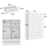 MOUMON 4 Door Wardrobe Closet with Drawers & Shelves, Armoire Closet with Hanging Rod, Wardrobe Cabinet with Gold Metal Handles, Top Cube Storage, White (63”W x 20.6”D x 93.9”H) MOUMON