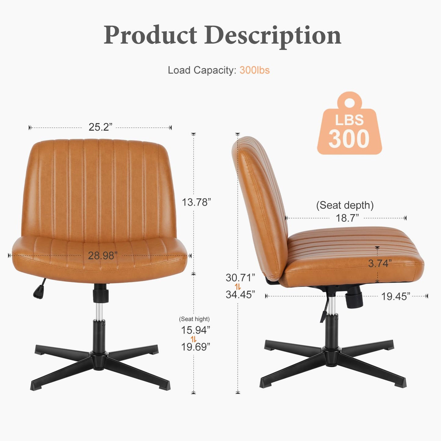 Sweetcrispy Criss Cross Chair Legged, Armless Office Desk Chair No Wheels, Swivel Vanity Chair, Height Adjustable Wide Seat Computer Task Chair, PU Leather Vanity Modern Home Chair Brown - WoodArtSupply