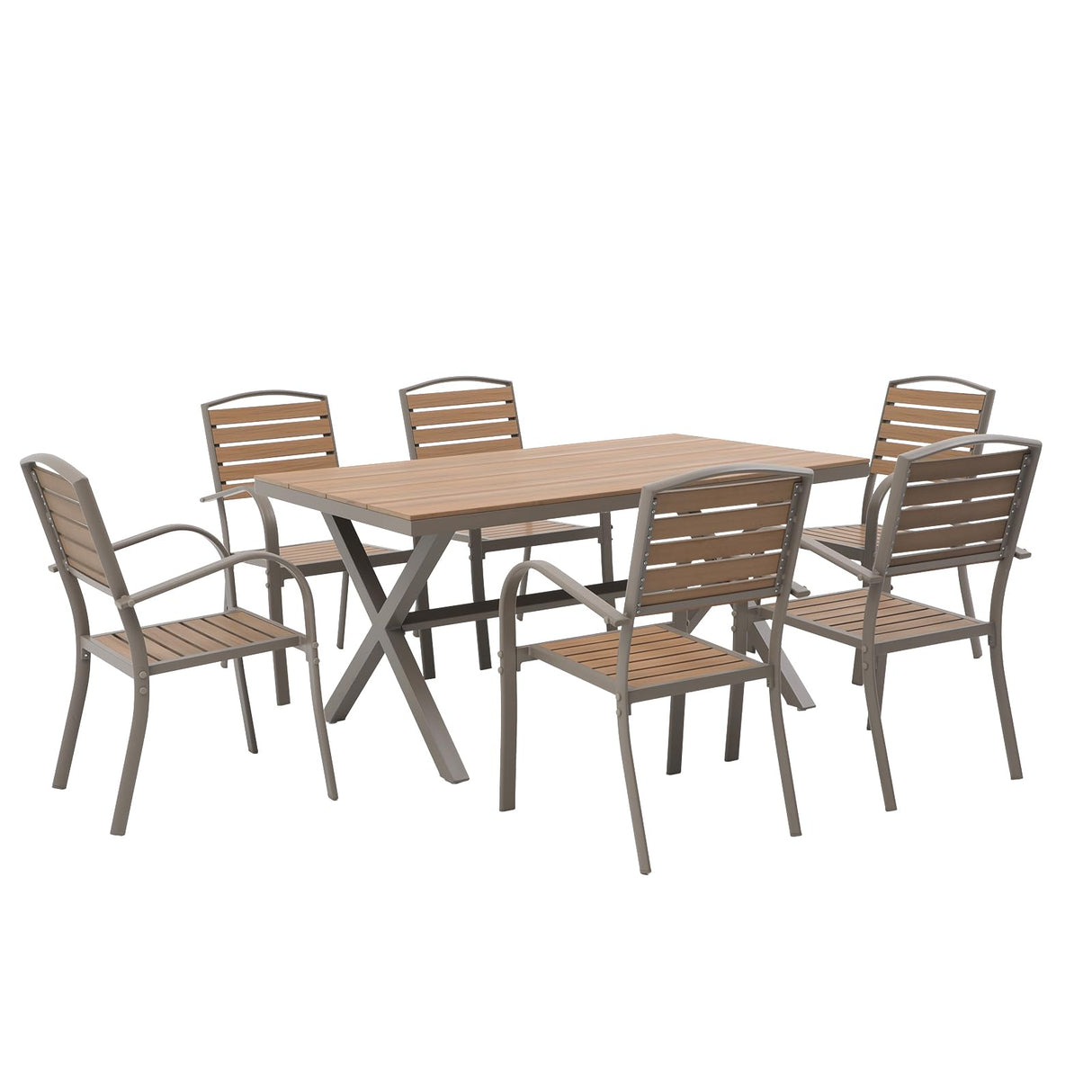 Patiorama 7 Pieces Patio Dining Set, Aluminum Outdoor Dining Set for 6, Patio Furniture Dining Set with Faux Woodgrain Rectangular Table and Stackable Chairs for Lawn Garden Backyard, Teakwood Brown Patiorama