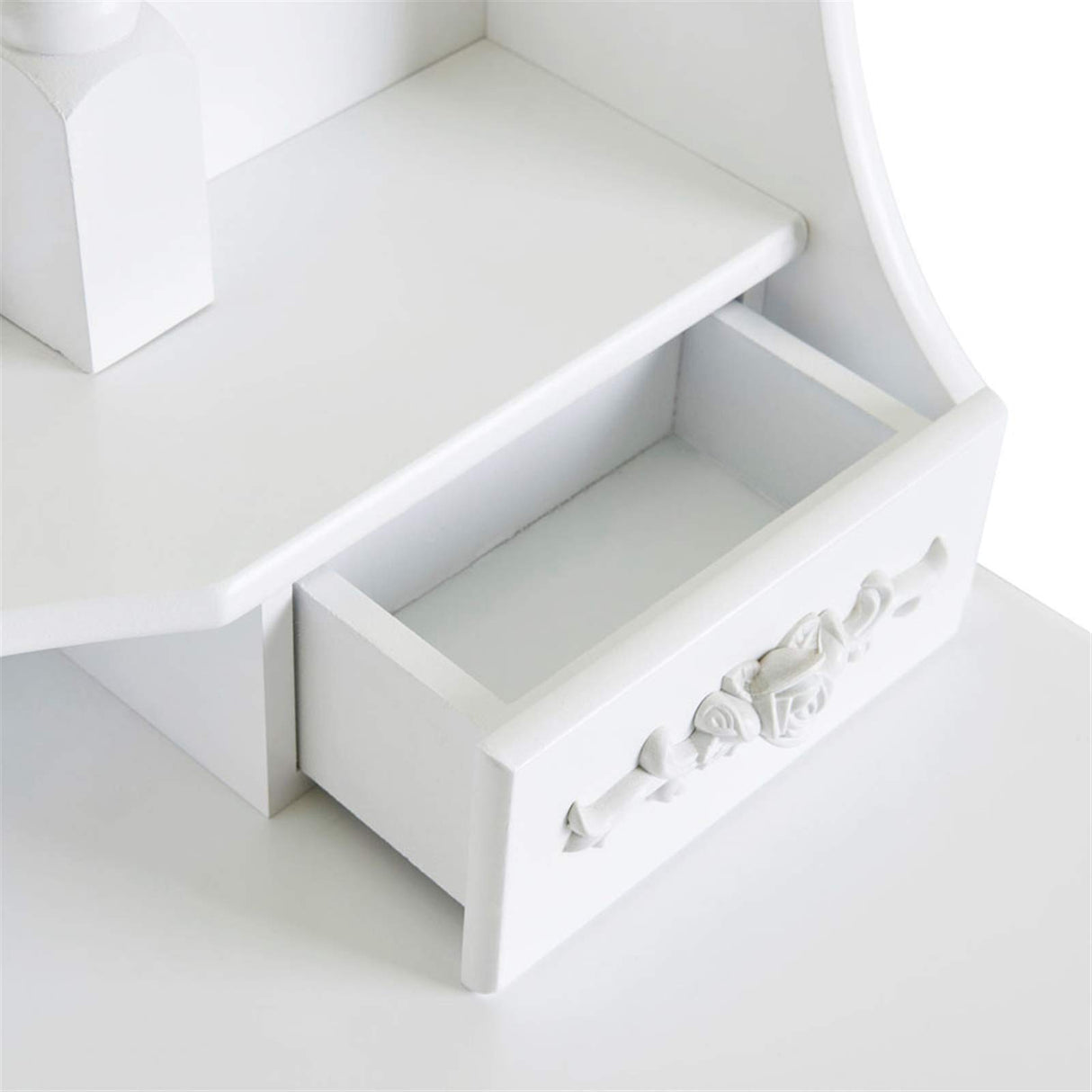 Vanity Table Set, 4 Drawers Makeup Table with Oval Mirror & Stool, Bedroom Wood Dressing Table White WoodArtSupply