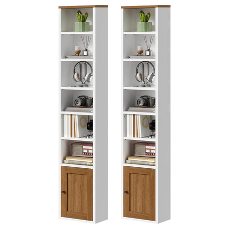RALGEND 7-Tier Tall Narrow Bookshelf with Door Set of 2, 71 Inches CD DVD Slim Media Tower Rack with Storage Cabinet, Adjustable Shelves, Skinny Display Bookcase for Home Office, White and Walnut RALGEND