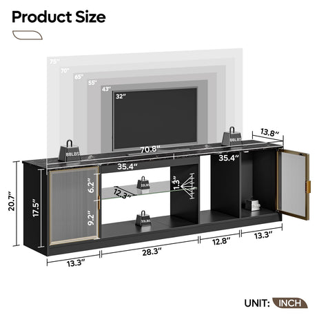 Bestier Gaming TV Stand for TVs up to 80 inch, 70 inch LED Entertainment Center with Adjustable Glass Shelf & Translucent Doors Storage Cabinet for PS5, Modern TV Console for Living Room, Black Marble Bestier