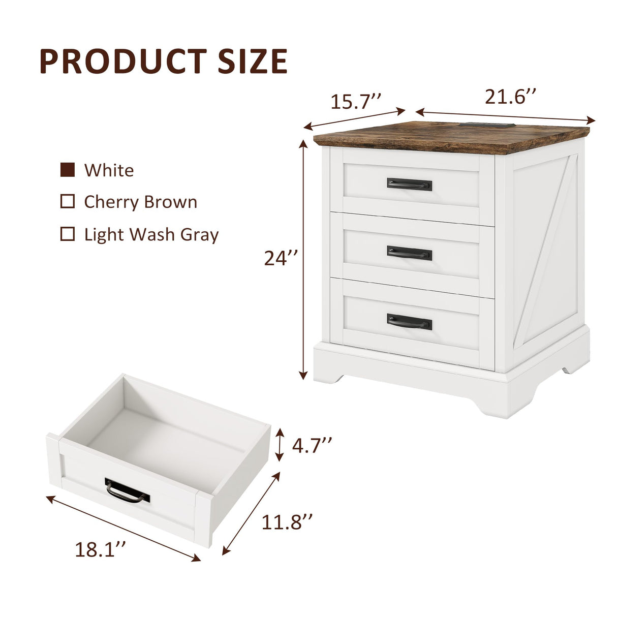 Whalefall Farmhouse Night Stand Set of 2, Large 3 Drawers Bedside Table with Charging Station, 22 inch Wide End Table for Bedroom, 2pcs White Whalefall