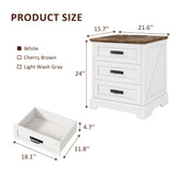 Whalefall Farmhouse Night Stand Set of 2, Large 3 Drawers Bedside Table with Charging Station, 22 inch Wide End Table for Bedroom, 2pcs White Whalefall