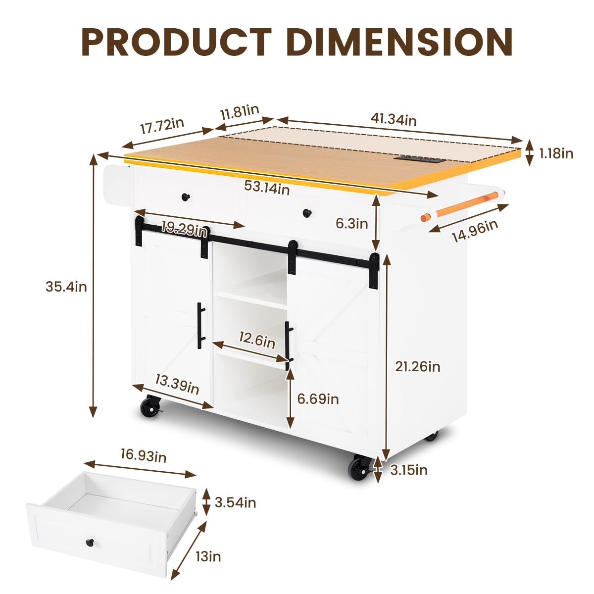COCO DESIGN Rolling Kitchen Island Cart with Wheels, 54" Portable Trolley Island with Drop Leaf Countertop, Sliding Barn Door, Power Outlet, Spice Rack, Towel Rack and Drawers, Minimalist White COCO DESIGN