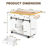 COCO DESIGN Rolling Kitchen Island Cart with Wheels, 54" Portable Trolley Island with Drop Leaf Countertop, Sliding Barn Door, Power Outlet, Spice Rack, Towel Rack and Drawers, Minimalist White COCO DESIGN