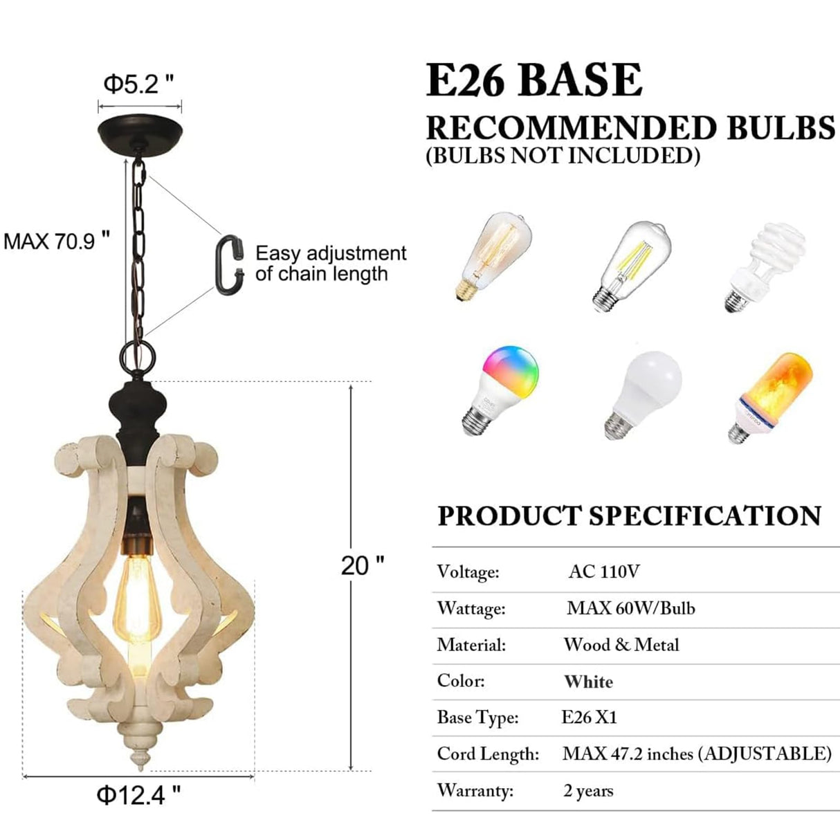 ANQIANYUE Farmhouse Wood Pendant Light, Distressed Rustic White Chandelier, 12.4" Vintage Pendant Lighting Fixture for Kitchen Island Dining Room Foyer Hallway Entryway Living Room; Adjustable ANQIANYUE
