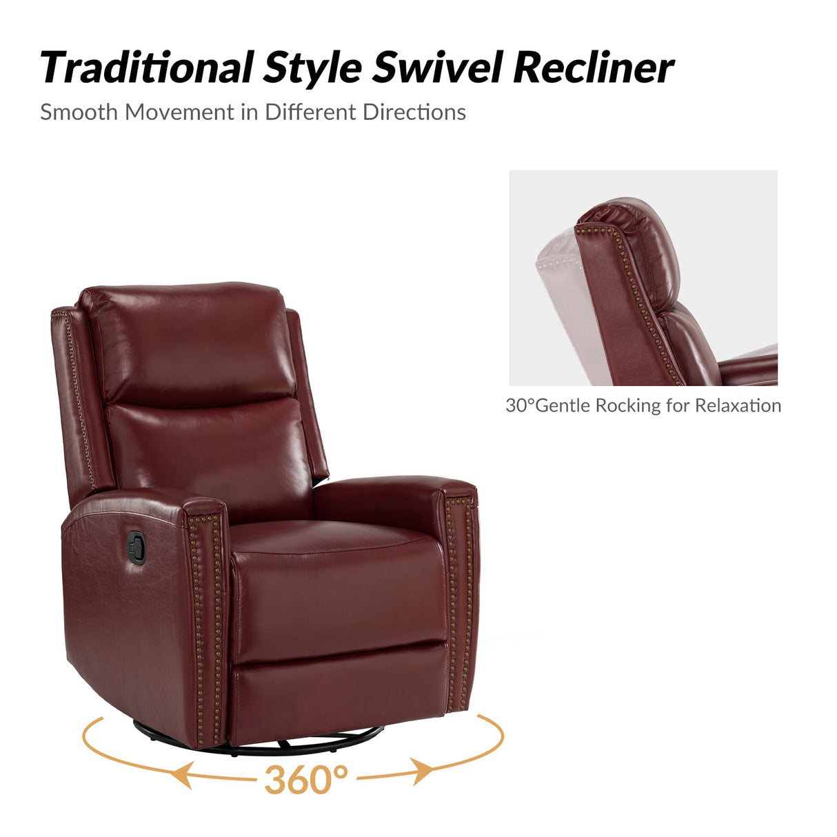 HULALA HOME Genuine Leather Swivel Rocker Recliner, Manual Glider Recliner Chair with Footrest & Adjustable Backrest, Modern Home Theater Lounge Sofa Armchair for Bedroom Living Room, Burgundy HULALA HOME