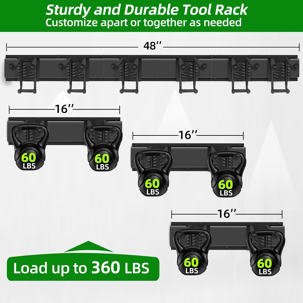 PIYILO Garage Organization, Garage Tool Organizer Wall Mount with 48 inches Rails and 6 Double-layer Hooks, Garden Tool Rack Heavy Duty, Garage Hanging Storage Rack For Yard Tools, Shovel, Shed