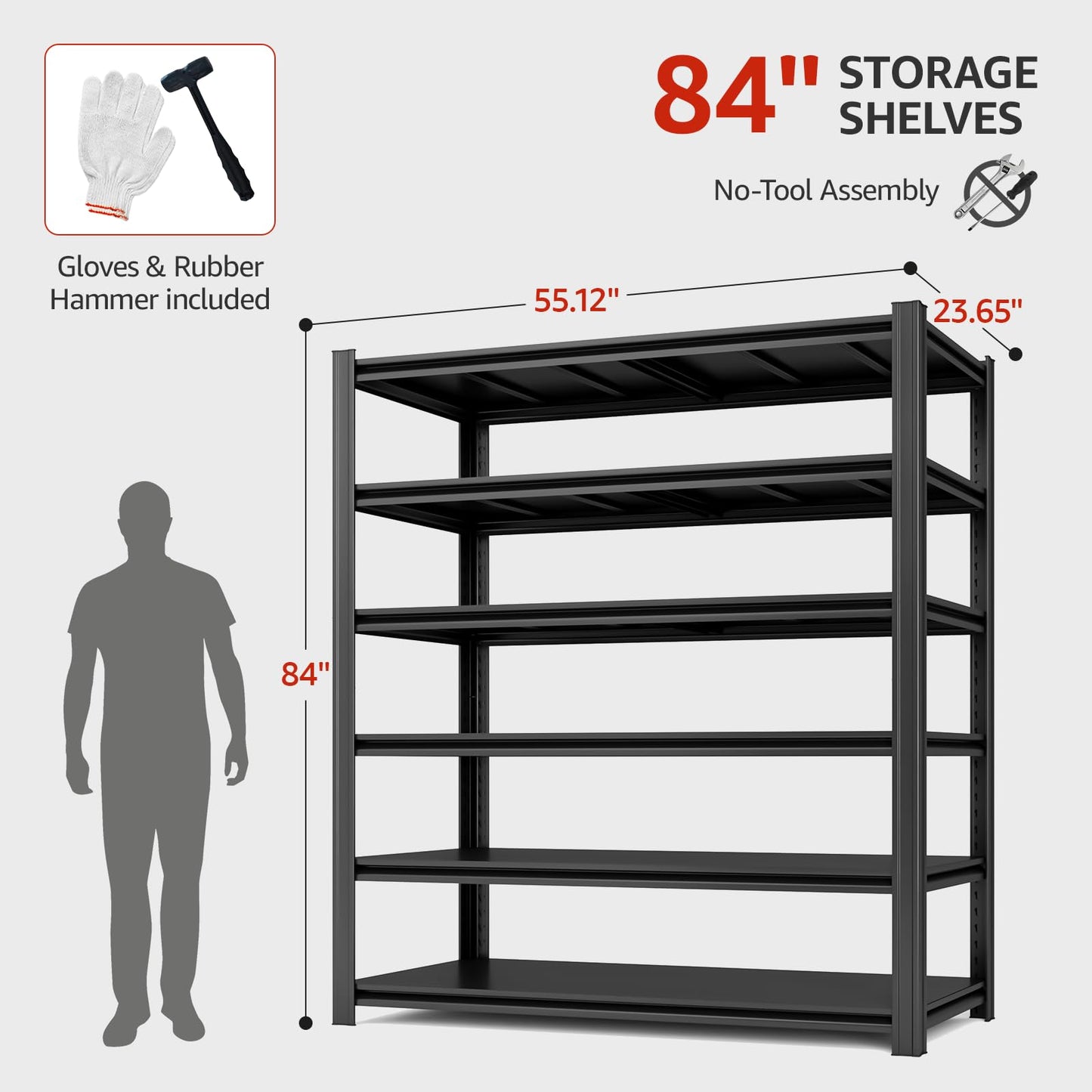 SYLOUGH 6 Tier Metal Shelving Unit, 84" H x 55.12" W x 23.62" D, Adjustable Storage Shelves, Heavy Duty Garage Shelves for Warehouse, Basement, Kitchen, Pantry, Living Room, 3600LBS, Black