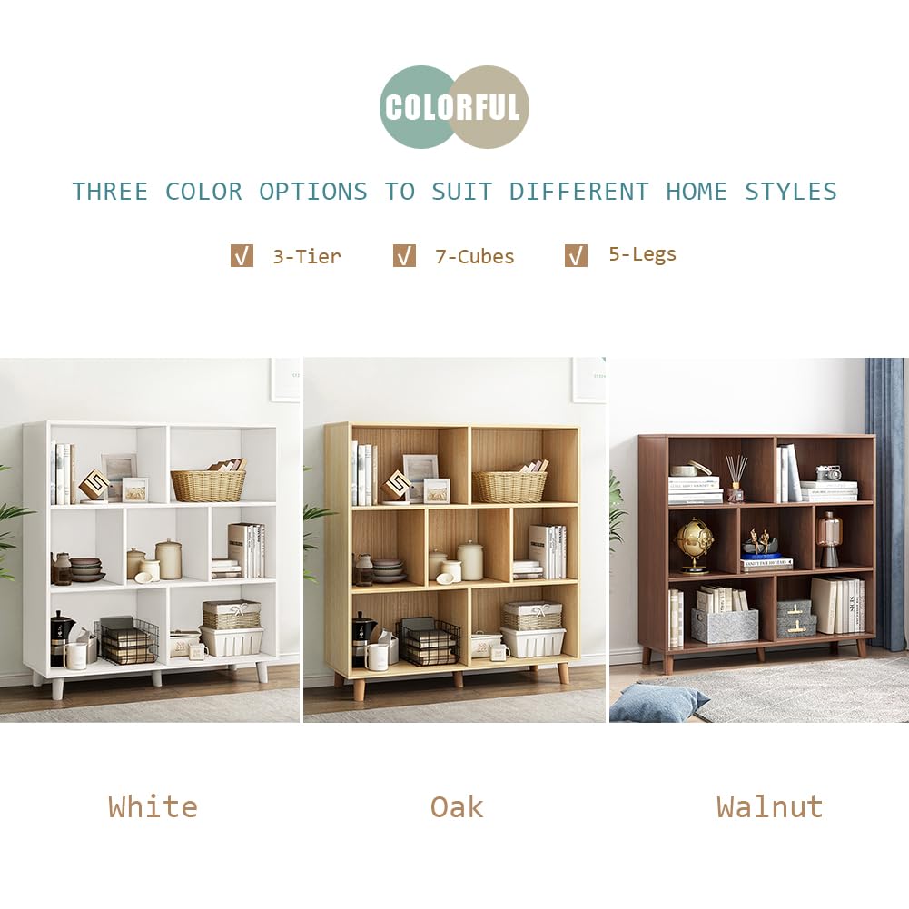 IOTXY Open Cube Low Bookcase - 3-Tier Freestanding Storage Display Cabinet Organizer with Legs for Home Office, 7-Cubes Open Shelf Short Bookshelf, White IOTXY