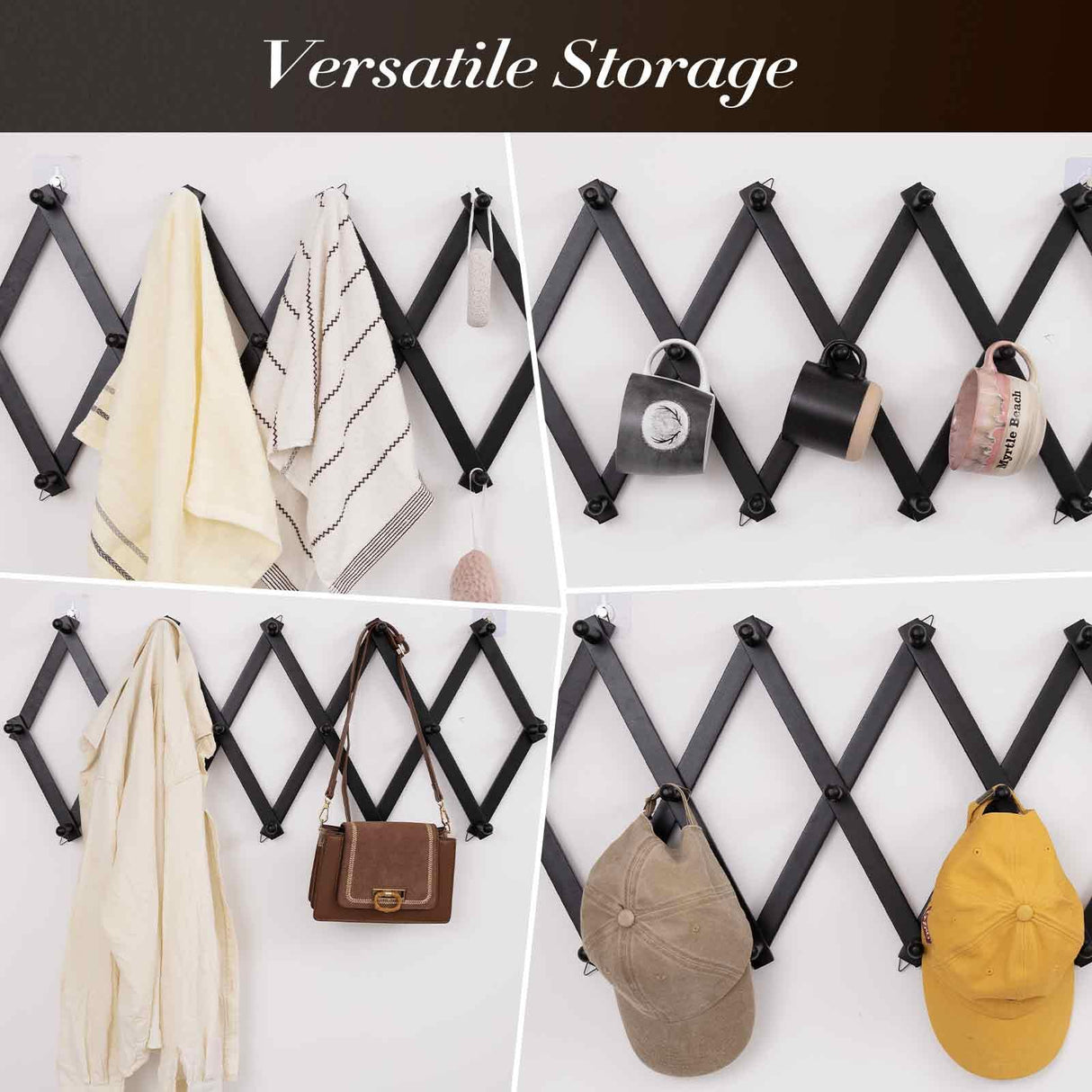 SCUNDA Accordion Wall Hanger with 16 Hooks, Wooden Wall Expandable Coat Rack for Coat, Hats, Baseball Caps, Coffee Mug, Jewelry(Black) SCUNDA