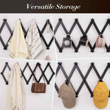 SCUNDA Accordion Wall Hanger with 16 Hooks, Wooden Wall Expandable Coat Rack for Coat, Hats, Baseball Caps, Coffee Mug, Jewelry(Black) SCUNDA