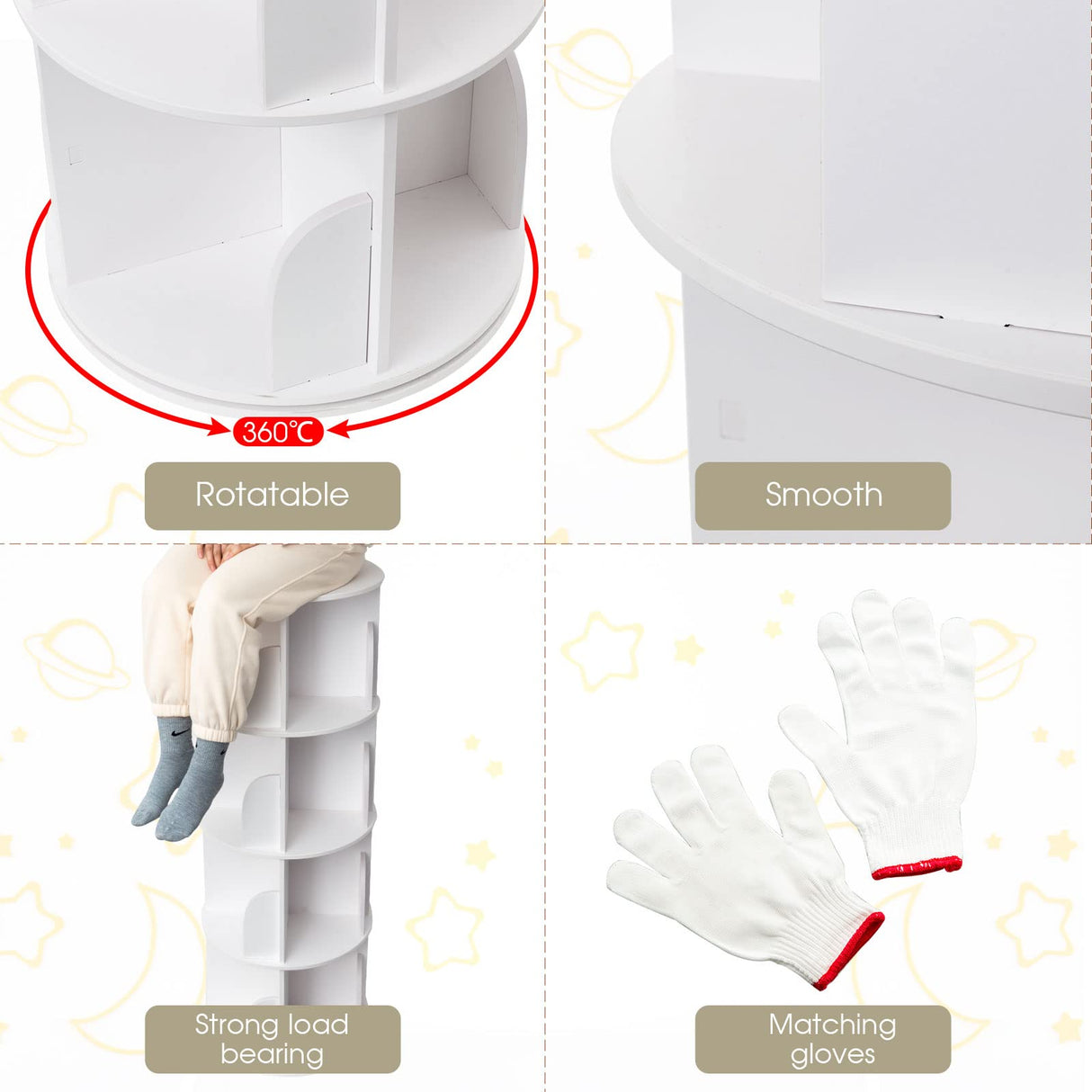 Roowest 4-Tier 360° Rotating White Bookshelf – Space-Saving Corner Bookcase Organizer Roowest