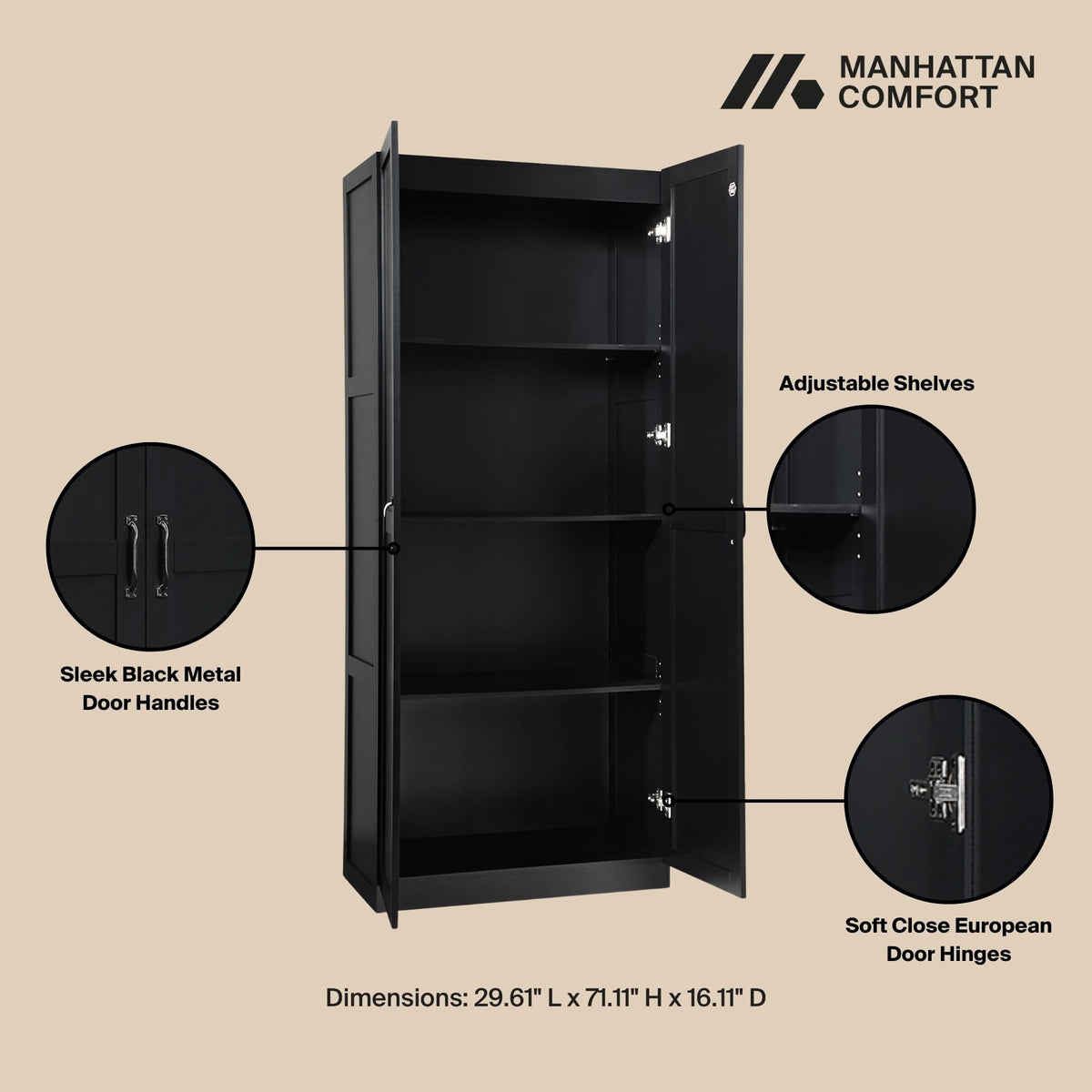 Manhattan Comfort Cornelia Modern Storage Cabinet with Doors and Shelves 2.0 - Tall Freestanding Wardrobe Closet with 4 Adjustable Cubbies for Bedroom or Linen Use, Set of 1, Black Manhattan Comfort
