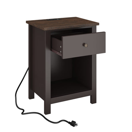 ChooChoo Nightstand with Charging Station, Wooden Top Bedside Table with Drawer and Storage Space for Bedroom, Espresso ChooChoo