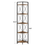 Cerlyunzan 5 Tier Corner Shelf Stand, 64" H Tall Industrial Corner Bookshelf for Living Room Decor, Metal Corner Shelf, Plant Stand Display Shelf for Bedroom, Bathroom, Small Space, Rustic Brown Cerlyunzan