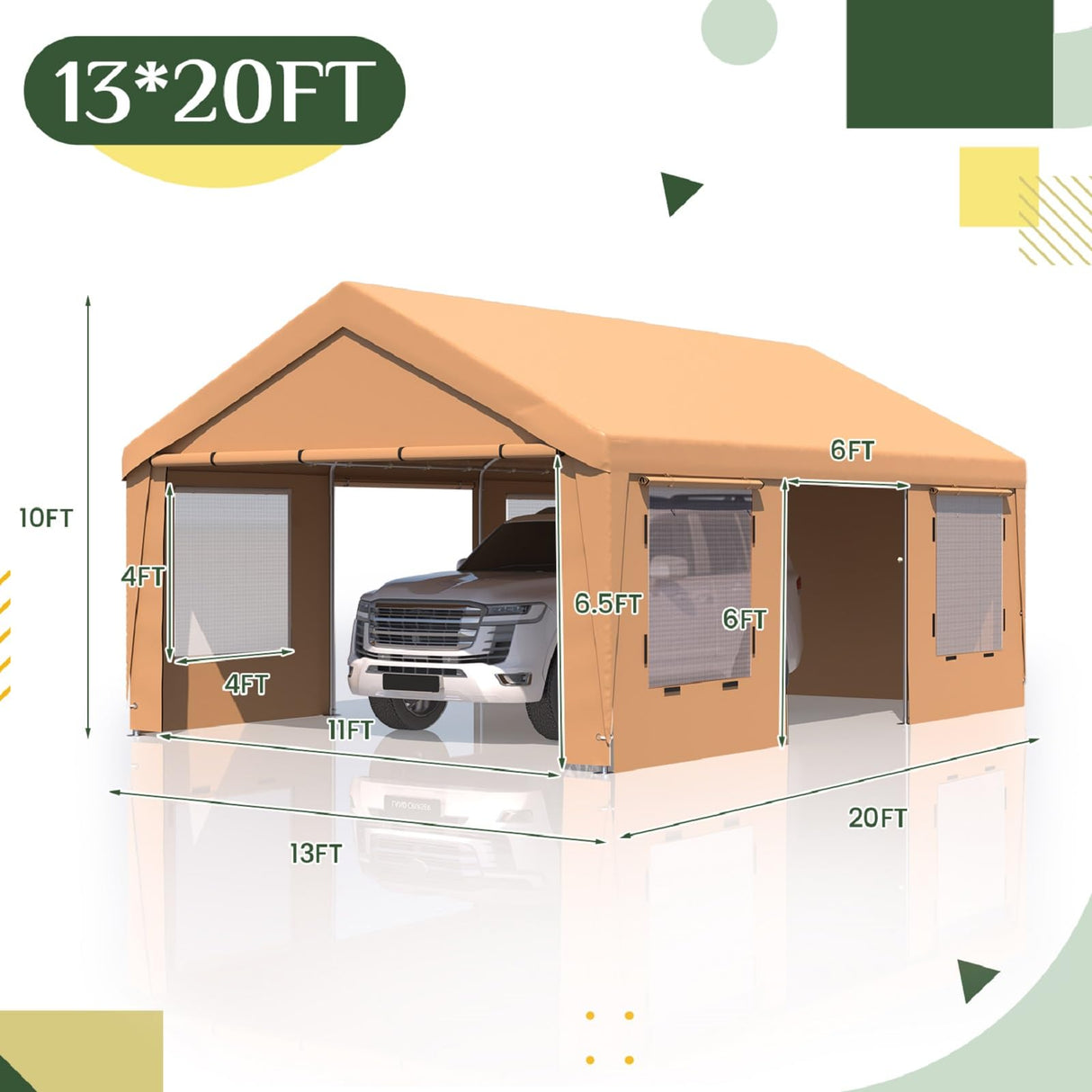 EROMMY 13' x 20' Heavy Duty Carport，Portable Garage with UV Protection & Steel Frame, Car Port with Removable Sidewalls, All-Season Car Canopy for Tractor, Truck, Boat, Yellow EROMMY