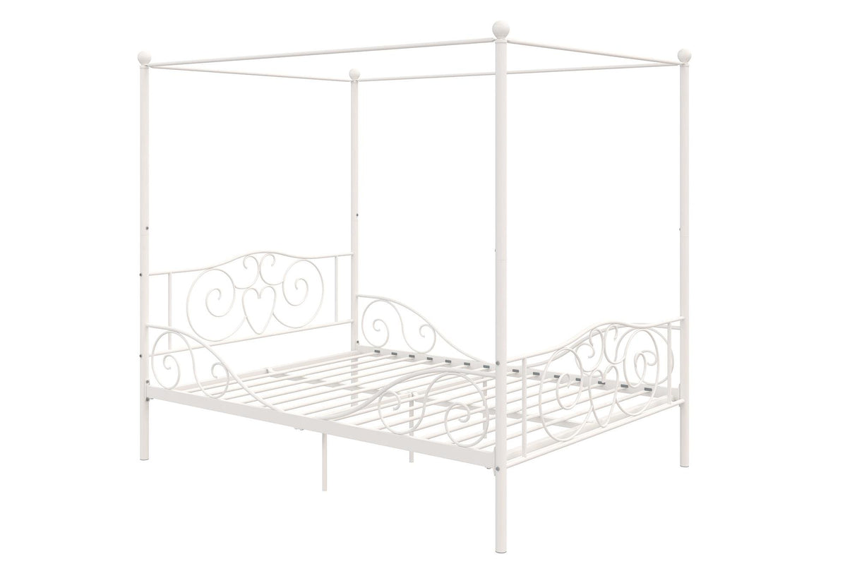 DHP Metal Canopy Bed Frame - Full Size, White with Heart Scroll Design DHP