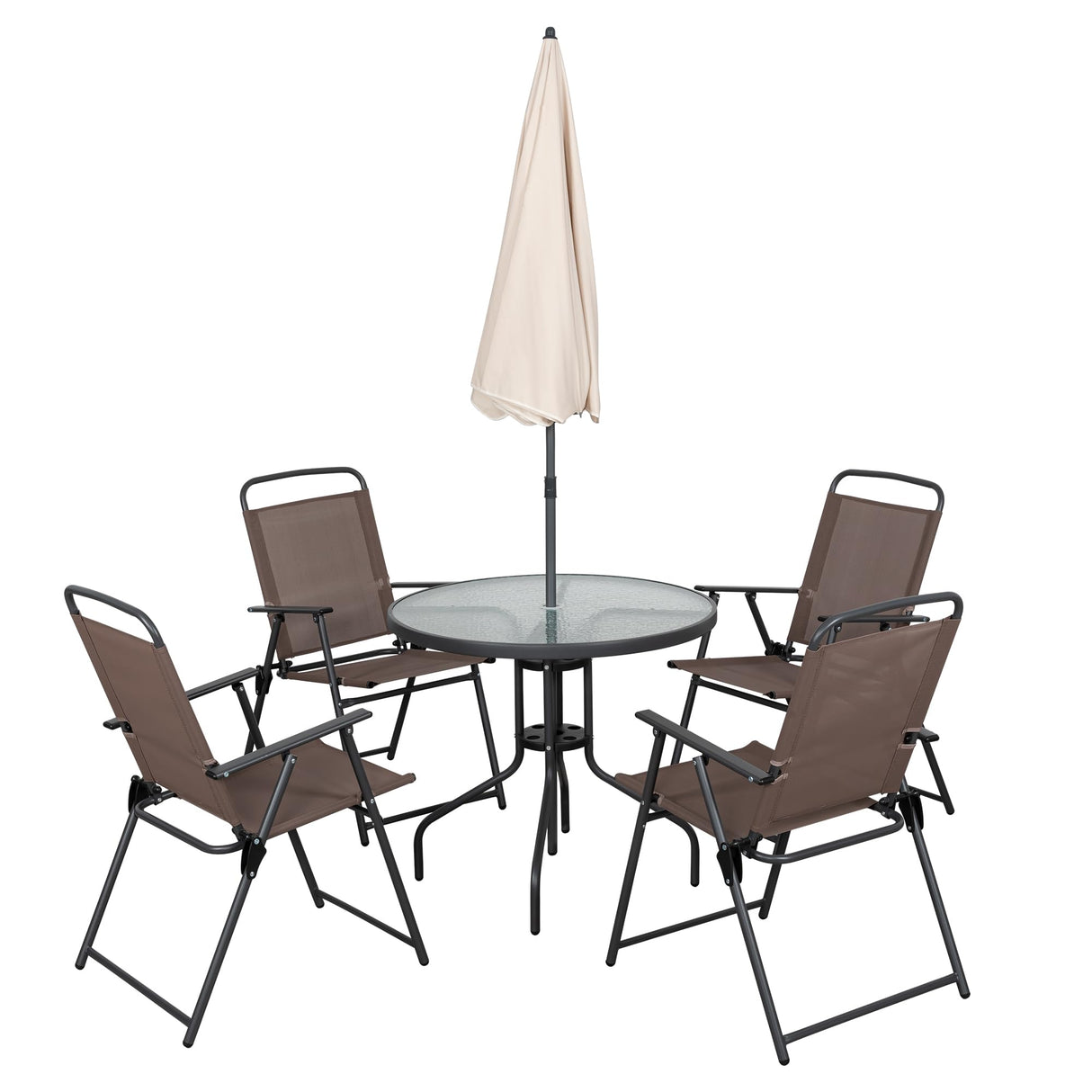 Shintenchi 6 Piece Patio Dining Set with Umbrella, Outdoor Furniture Set with 4 Folding Chairs and Tempered Glass Top Dining Table fot Lawn Backyard Garden Porch Brown and Beige Shintenchi