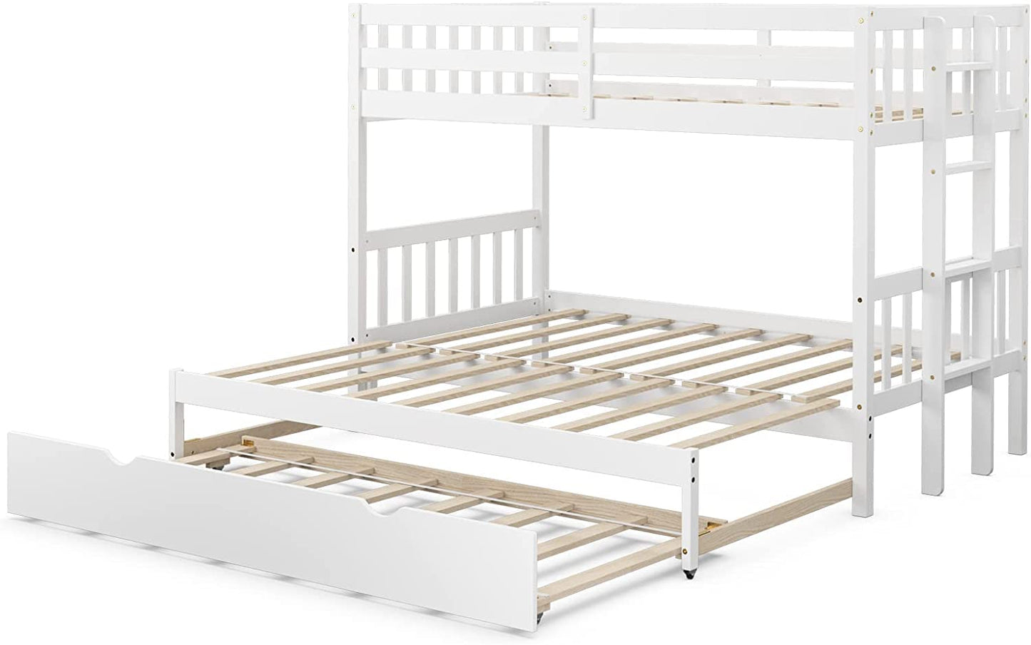 Giantex Versatile Twin Over Pull-Out Bunk Bed with Trundle - Solid Wood in White - WoodArtSupply