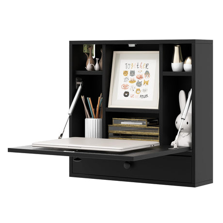 IFANNY Folding Wall Desk, Wood Wall Mounted Desk with Storage Drawer and Shelves, Fold Down Wall Mount Laptop Desk, Corner Floating Desk for Small Spaces (Black) IFANNY