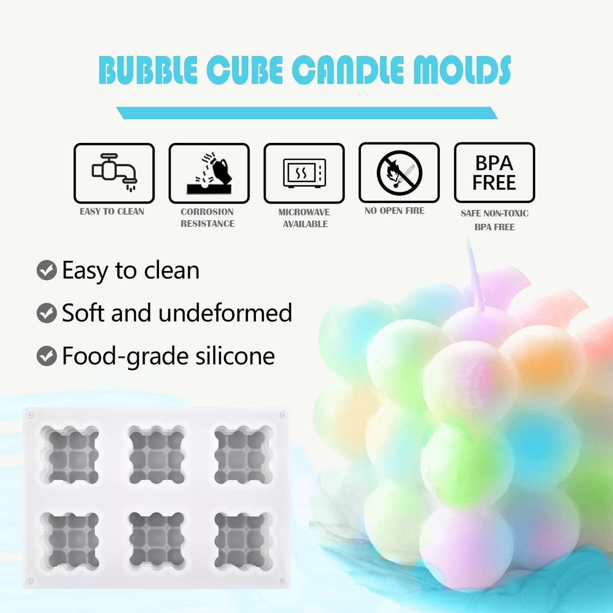 3D Bubble Candle Molds - 6 Cavity Bubble Cube Silicone Mold for Candles Soap Making, Bubble Cake Mold for Baking Dessert Mousse Cake Jelly Ice Cream Actvty