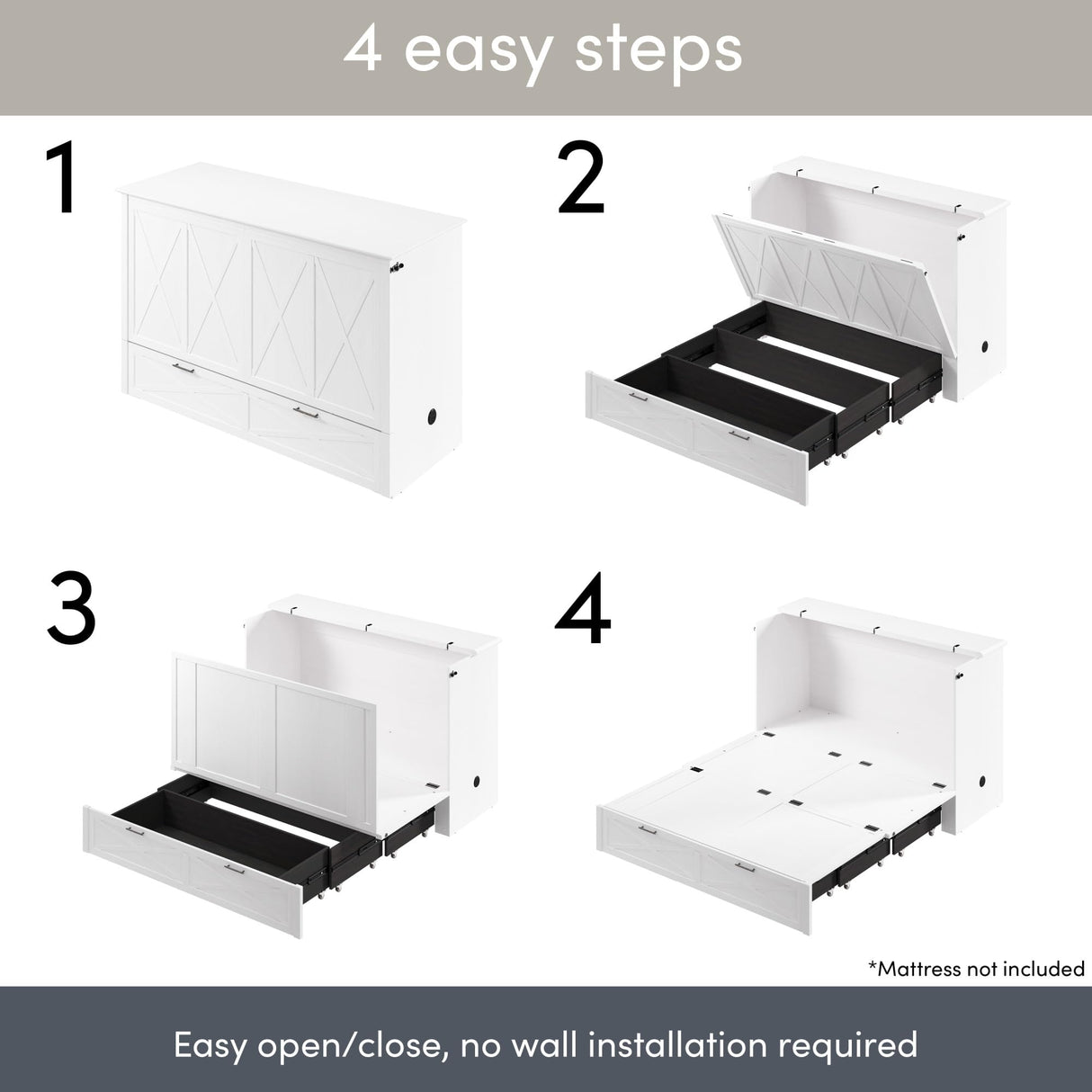 Bestar Murphy Cabinet Bed 65-inch Queen with Pullout Drawer for Bedroom, Guestroom, Key West Collection, Modern, White Bestar