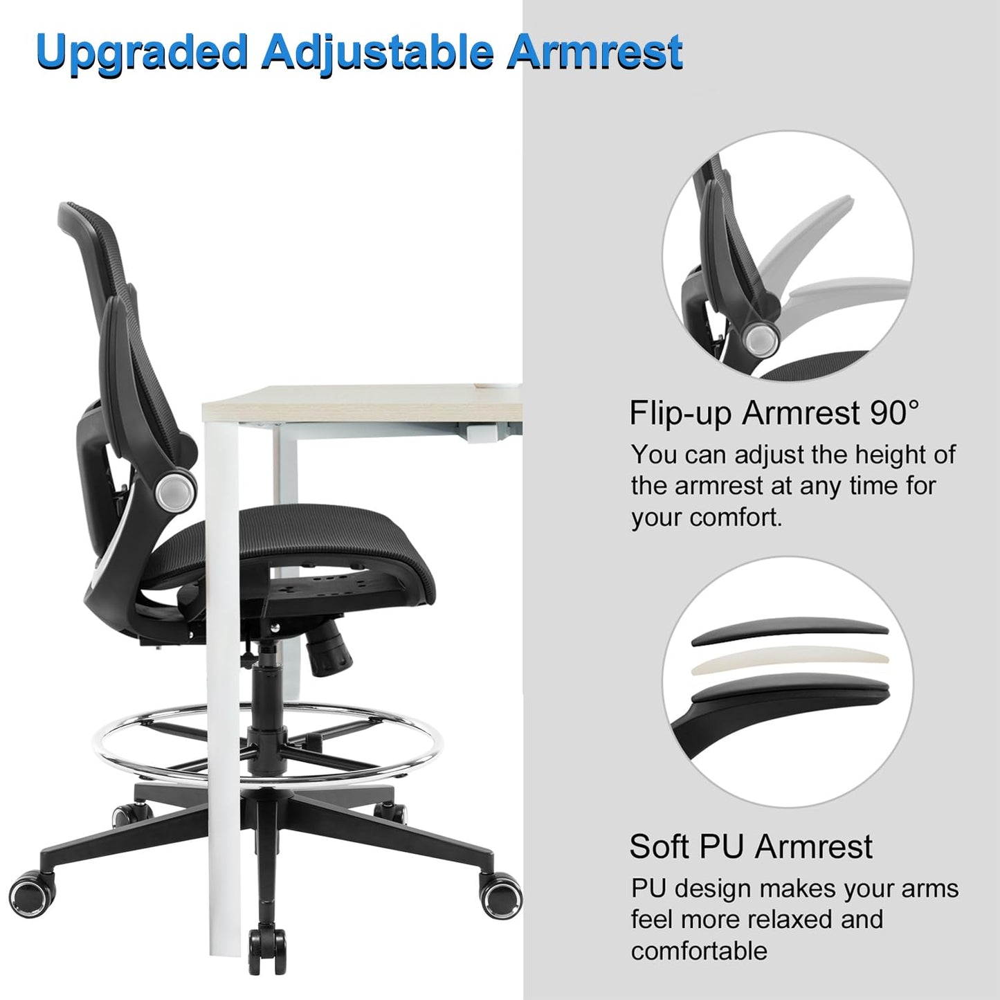 Office Drafting Chair,Ergonomic Tall Office Desk Chair,Adjustable Standing Desk Stool Chair,Executive Computer Chair with Footrest Ring and Lumbar Support (Black)