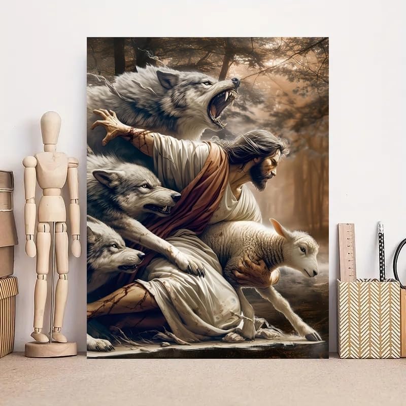 KYOQFVN Jesus and Wolf Paint by Numbers for Adults - DIY Adult Paint by Number Kit on Canvas, Easy Acrylic Painting Kits for Home Wall Decor 16x20 Inch（Without Frame） KYOQFVN