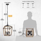 4 Light Farmhouse Chandelier, Rustic Ceiling Light Lantern Light Fixture with Wood Painted Metal Cage and Adjustable Chain, E12 Base Geometric Hanging Light Fixture for Entryway, Kitchen, Indoor Seaside village