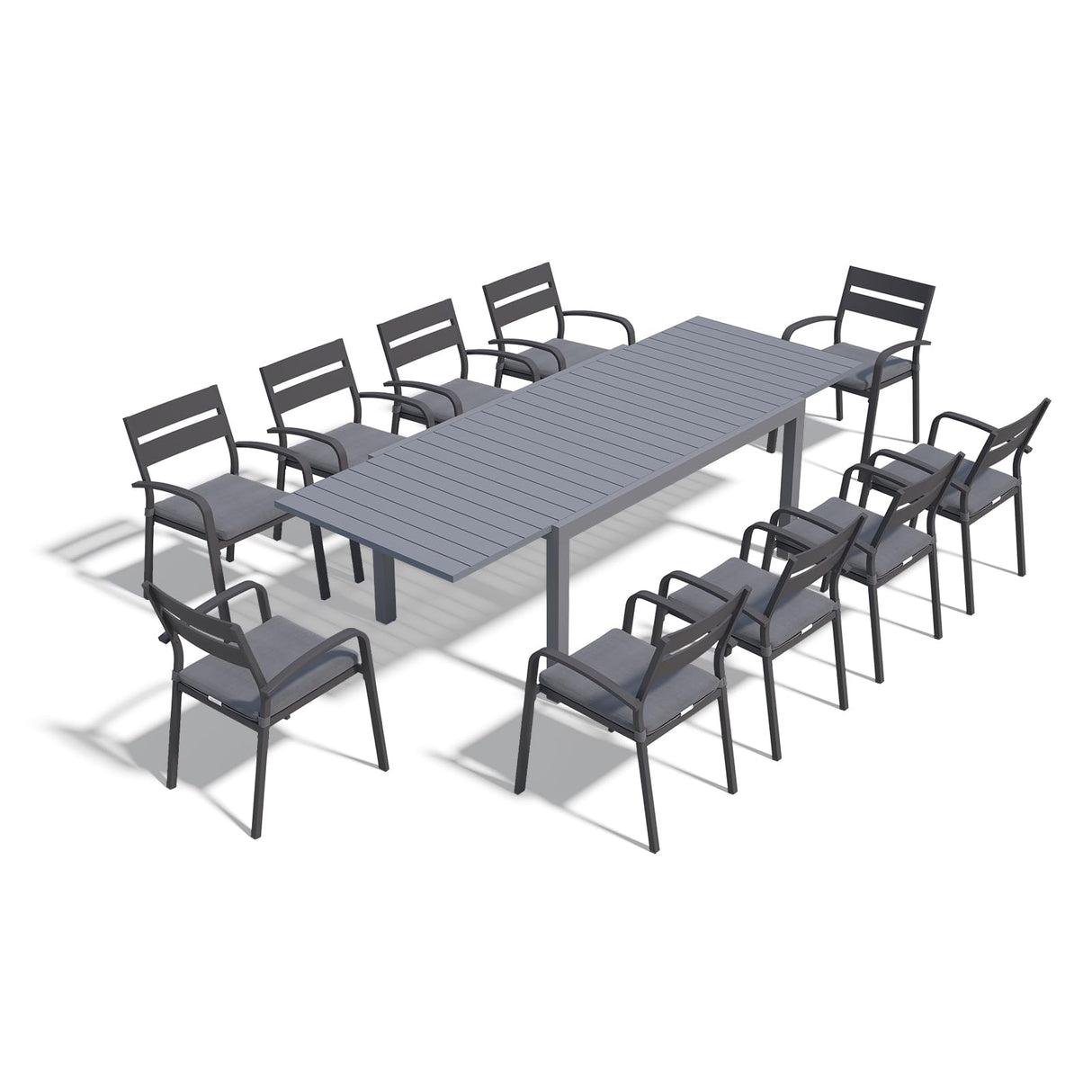 SUNSITT 11-Piece Outdoor Patio Dining Set, 63" - 105" Aluminum Expandable Outdoor Dining Table Set for 10, 10 Stackable Chairs with Gray Removable Cushions SUNSITT