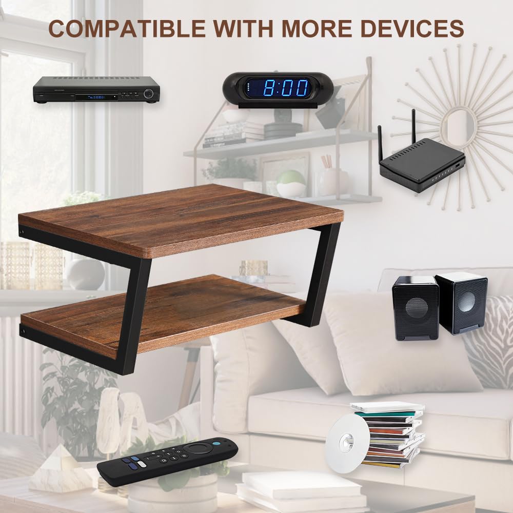 LUCKUP Floating Wall Shelves Wall Mounted Projector Shelf Wood AV Media Stand with 2 Shelves, Entertainment Center with Strengthened Metal Steel Frame LUCKUP