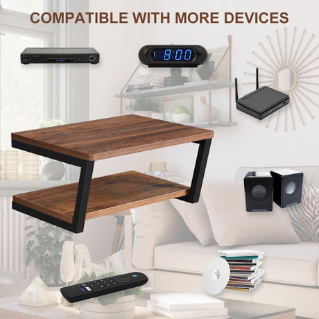 LUCKUP Floating Wall Shelves Wall Mounted Projector Shelf Wood AV Media Stand with 2 Shelves, Entertainment Center with Strengthened Metal Steel Frame LUCKUP