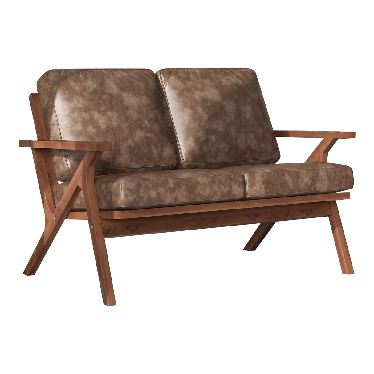 Bonzy Home 51.6" Loveseat Sofa Mid-Century Faux Leather Accent Chair, Upholstered 2-Seat Couch Loveseat with Solid Wood Frame and Cushions, Small Sofa Couch for Living Room, Bedroom,Retro Brown Bonzy Home