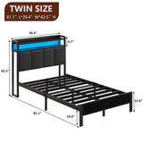 CHABUILDREARK Twin Bed Frames with LED Lights, Upholstered Metal Platform Bed with Charging Station and Storage Headboard, Heavy Duty Metal Slats, No Box Spring Need, Easy Assembly, Dark Grey CHABUILDREARK