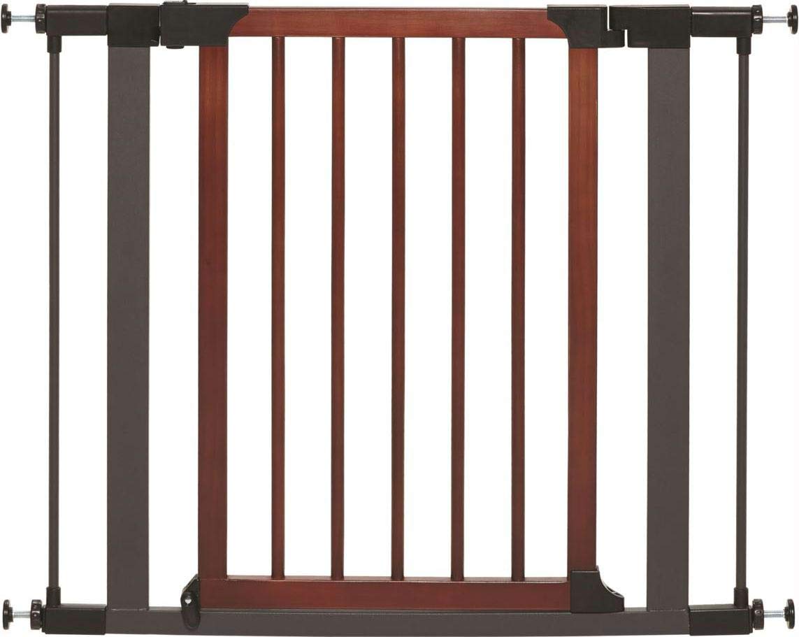 MidWest Homes for Pets 29 Inches Tall Walk-Though Wood Decorative Steel Pet Gate, Pressure Mounted Dog Gate Measures 29H x 29.5-38W Inches & Includes two 3-Inch-Wide Extensions, Wood Decorative MidWest Homes for Pets