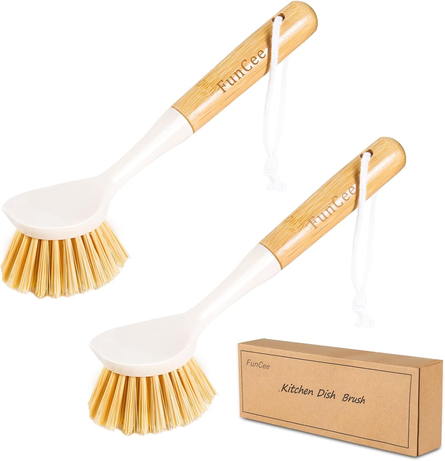 FunCee 2 Pack Kitchen Dish Brushes with Bamboo Handle, Dish Scrubber Built-in Scraper, Scrub Brush for Pans, Pots, Counter & Kitchen Sink Cleaning, Dishwashing and Cleaning Brush Tools, White