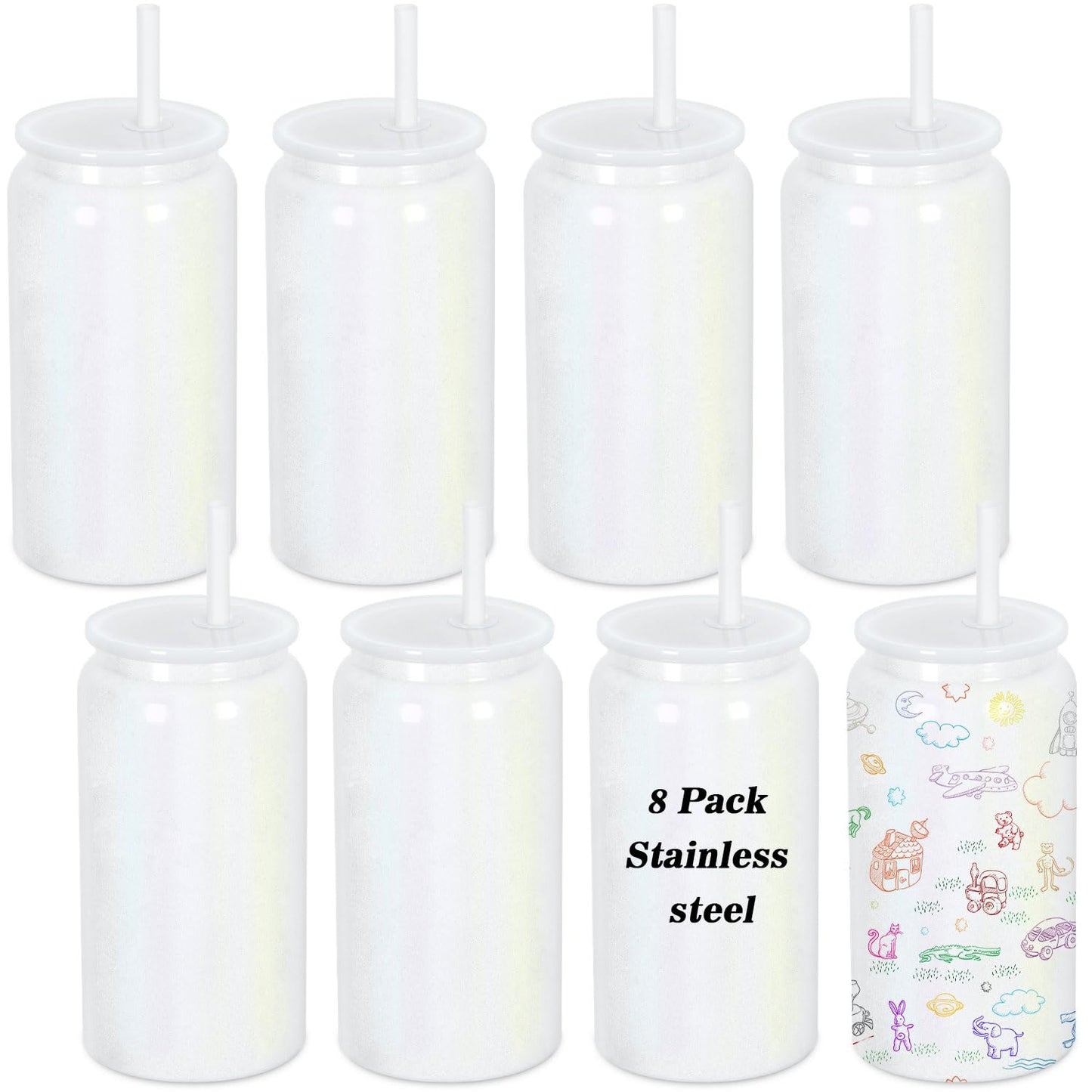 Muwnrol 8 Pack 16 Oz Sublimation Can, Stainless Steel Double Layer Vacuum Insulation Sublimation Cups, Sublimation Beer Can, 16 Oz Sublimation Tumblers (White Rainbow)