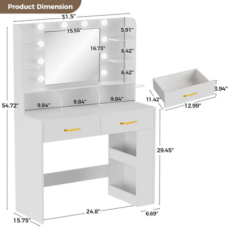 COMHOMA Vanity Desk with Lighted Mirror and Power Outlet, RGB LED Lights Makeup Vanity Set for Girls, Large Storage Capacity Dressing Table for Bedroom, 3 Lighting Modes Adjustable Brightness, White COMHOMA
