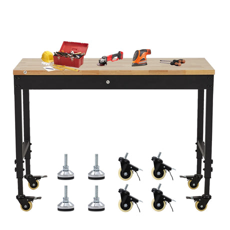 ACONEE Workbench for Garage, 48" Adjustable Workbench, Heavy Duty Workstation 2000 LBS Load Capacity, Rubber Wood Top Workstation with 4 Rolling Casters, Power Outlets, Workbench for Workshop, Office ACONEE